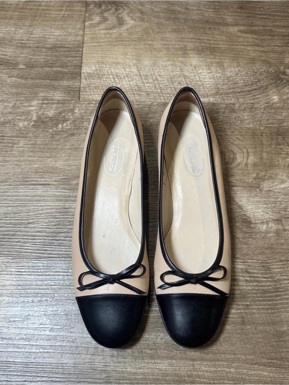 Talbots Beige and Black Cap Toe Leather Ballet Flats